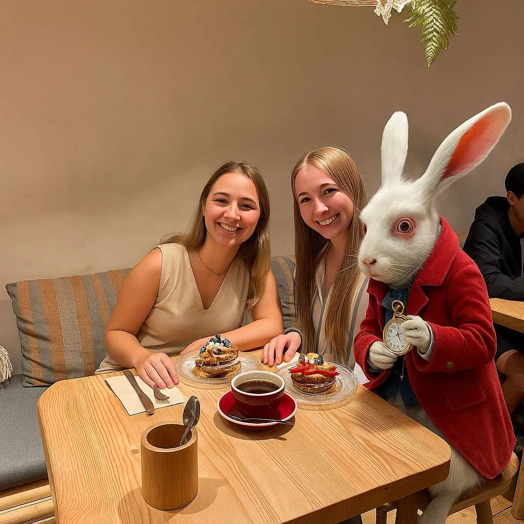 Duas amigas e o Coelho Branco com o seu relógio
