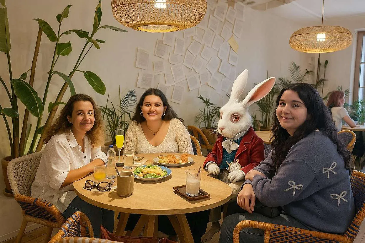 Três clientes à mesa com o Coelho Branco