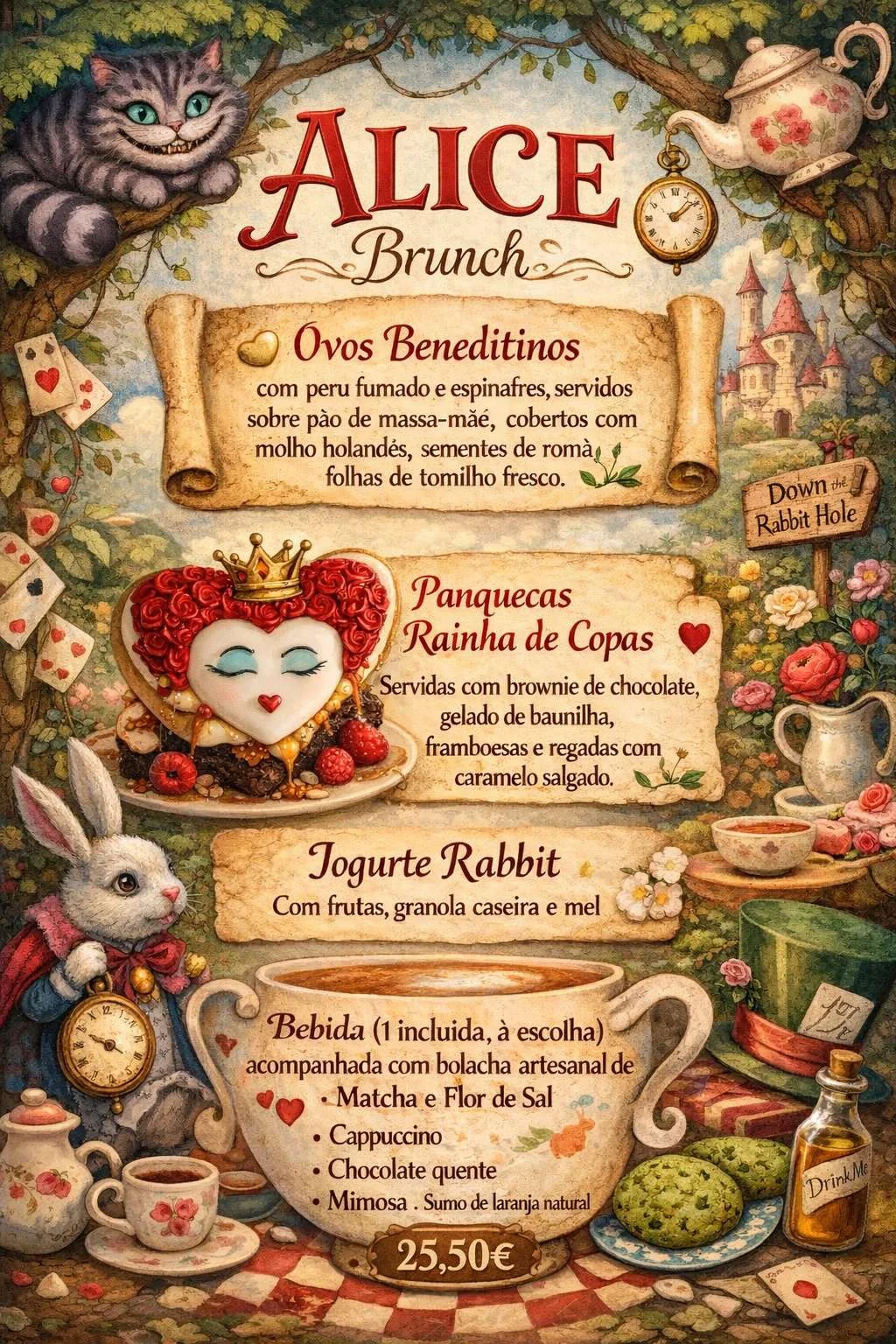 Menu Alice Brunch: Ovos Beneditinos, Panquecas Rainha de Copas, Iogurte Rabbit e uma bebida incluída com bolacha artesanal, 25,50€